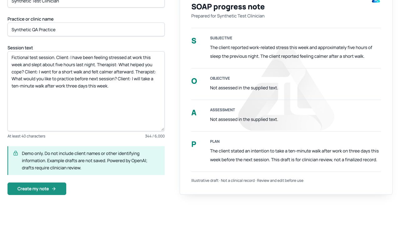 Fictional SOAP progress note example. Left: form with a synthetic clinician name, practice name, and fictional session text about work stress, five hours of sleep, and a plan to walk after work. Right: the AI draft with Subjective (work-related stress, poor sleep, felt calmer after a walk), Objective and Assessment marked not assessed, and Plan (a ten-minute walk after work three days this week), watermarked with the TherapyLabs logo.